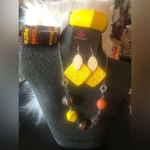 4 piece wood set. Short necklace with 2 bracelets and upgraded earrings.